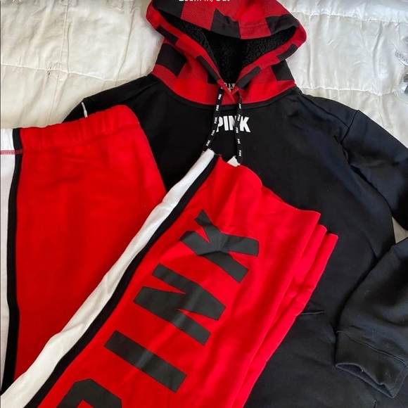 PINK VS Sherpa lined campus hoodie boyfriend pant red buffalo check 2018 - Picture 5 of 16